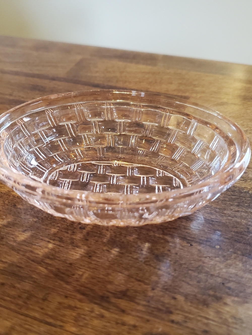 Pale Pink Glass Basketweave Candy Dish Vintage